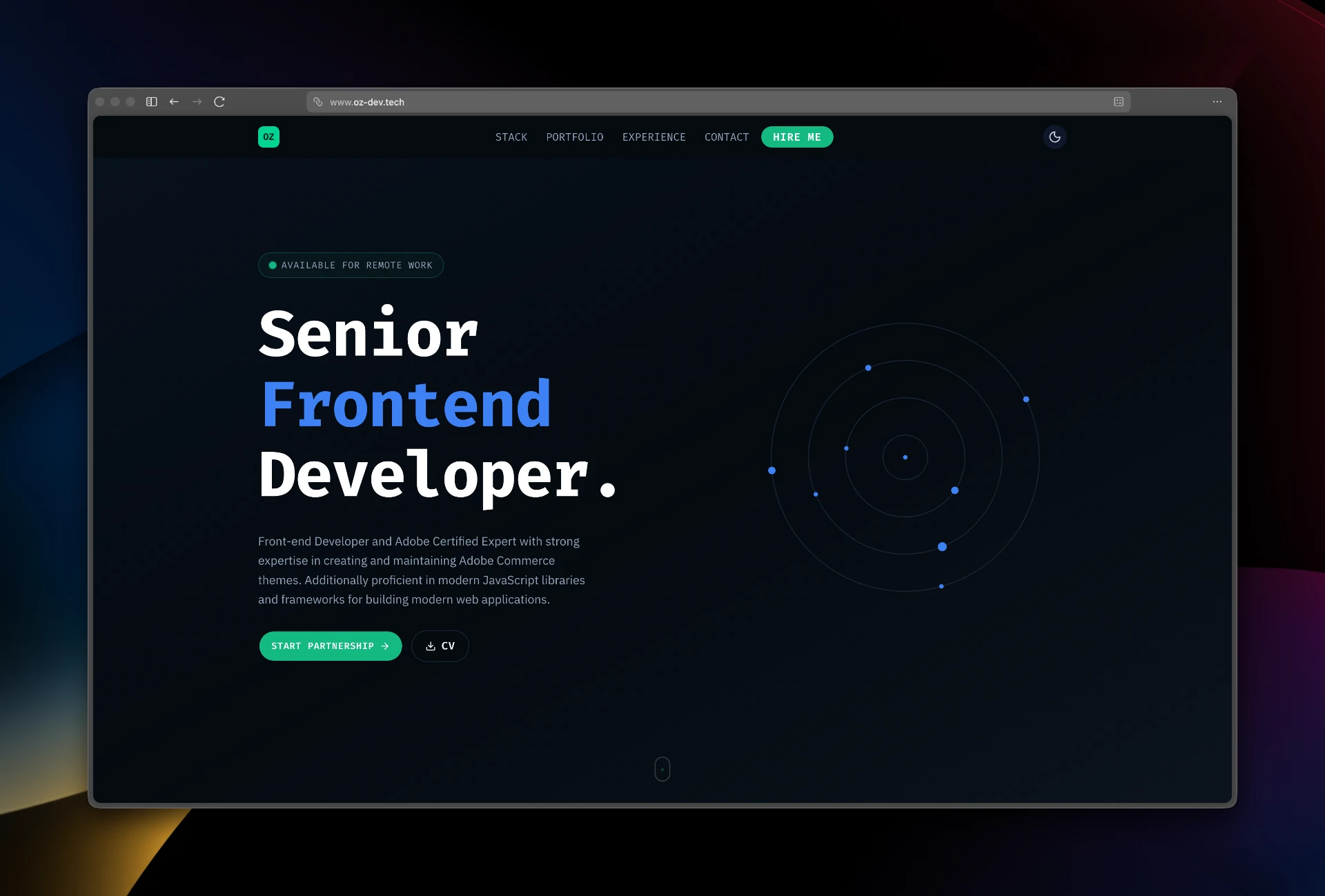 Hero section with animated orbital graphic