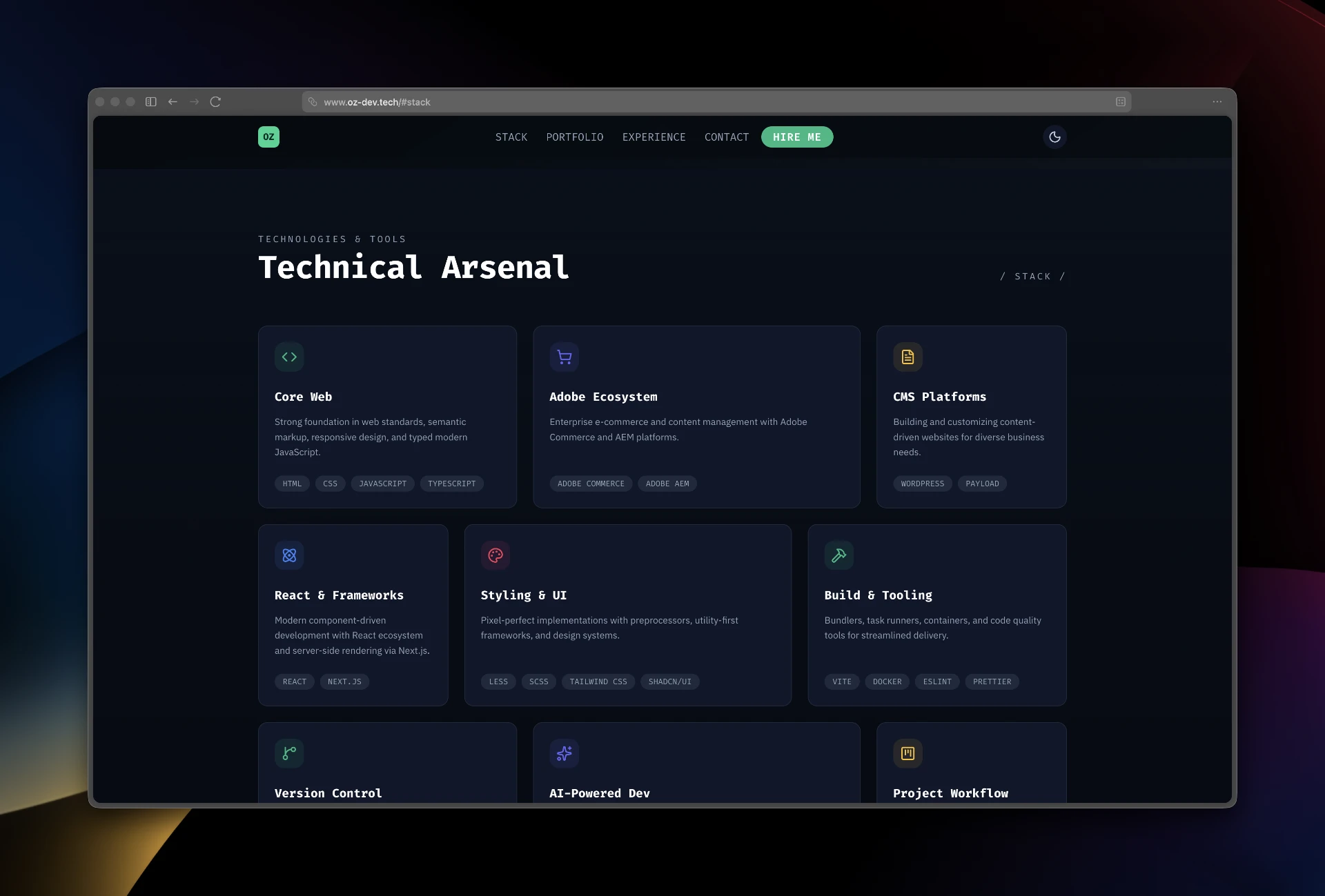 Technical stack section with categorized skills